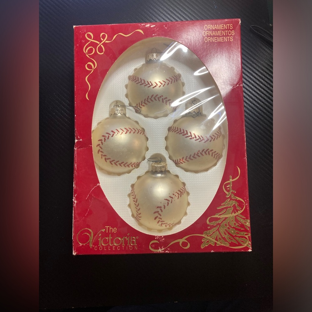 Vintage The Victoria Collection Glass Baseball Ornaments 4ct
